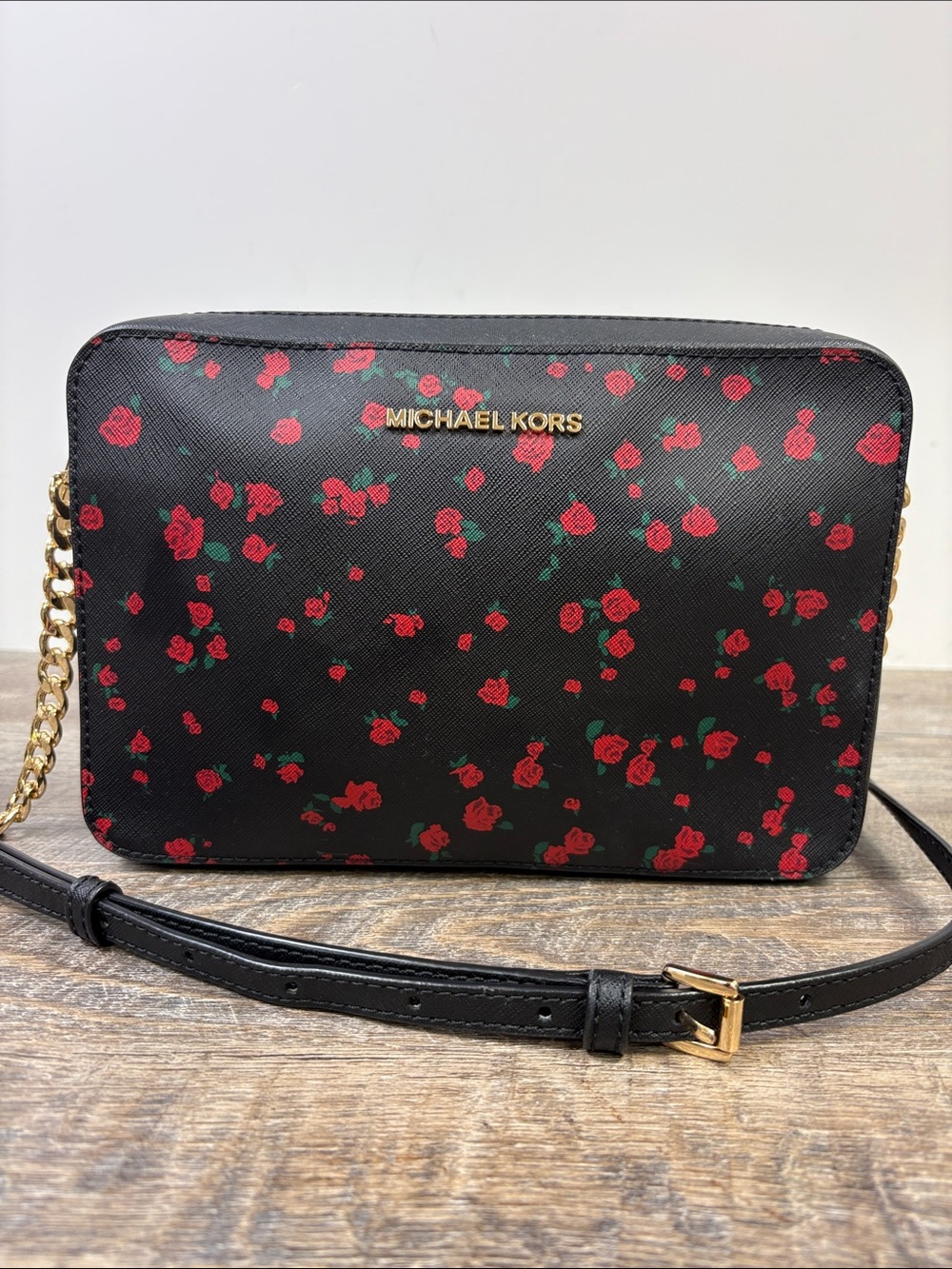 Michael Kors Jet Set Travel Rose Print Crossbody Bag Black Floral